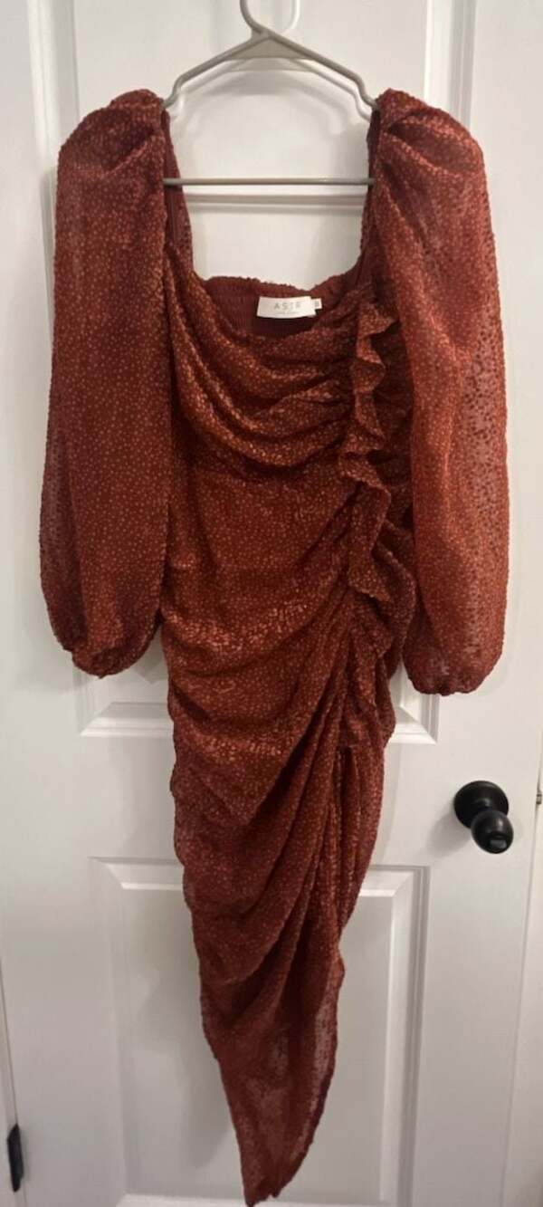 ASTR the Label Athens Ruched Puff Sleeve Burnout Midi Dress